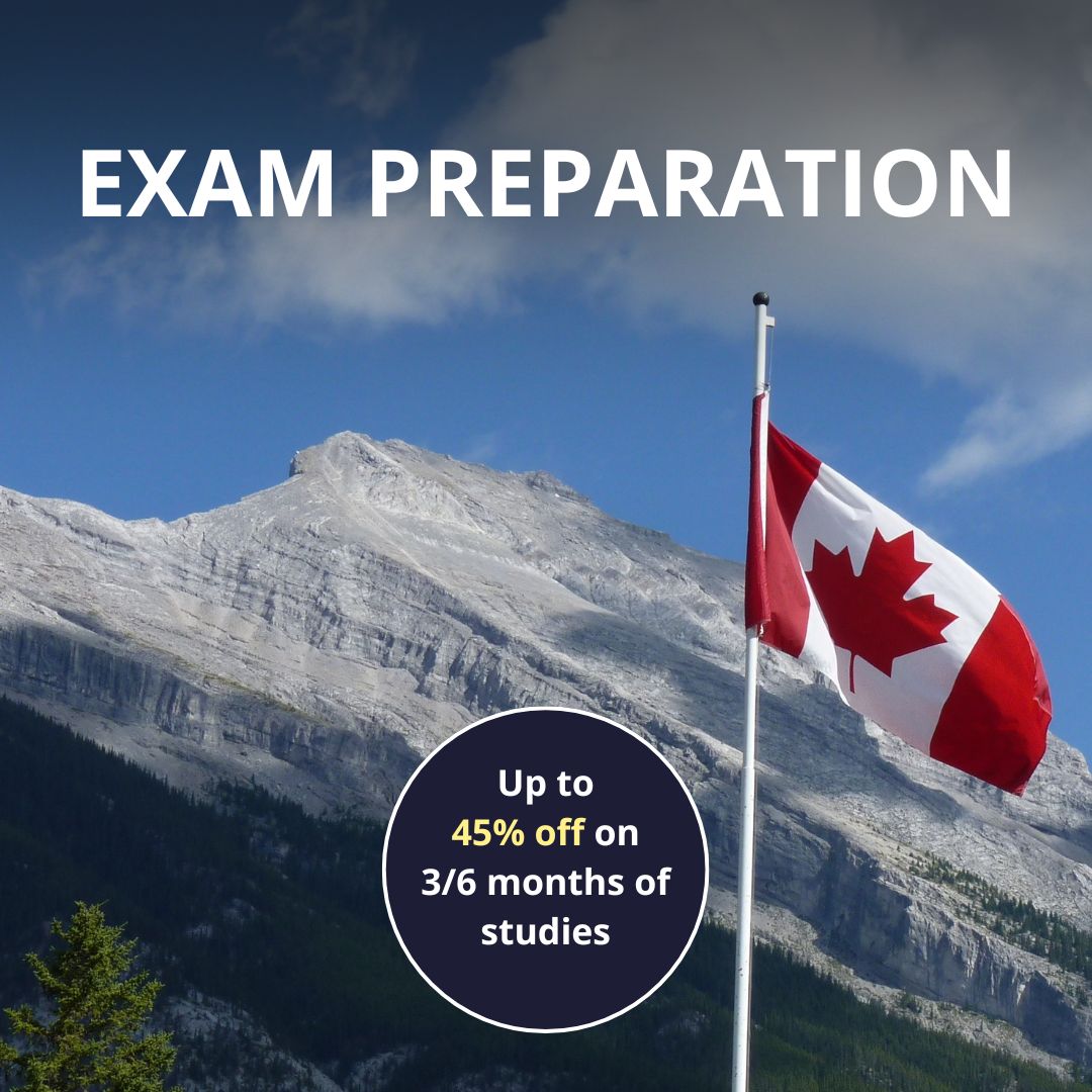 Canadian flag with mountains representing IELTS, PTE and CELPIP exam preparation for study, work and immigration